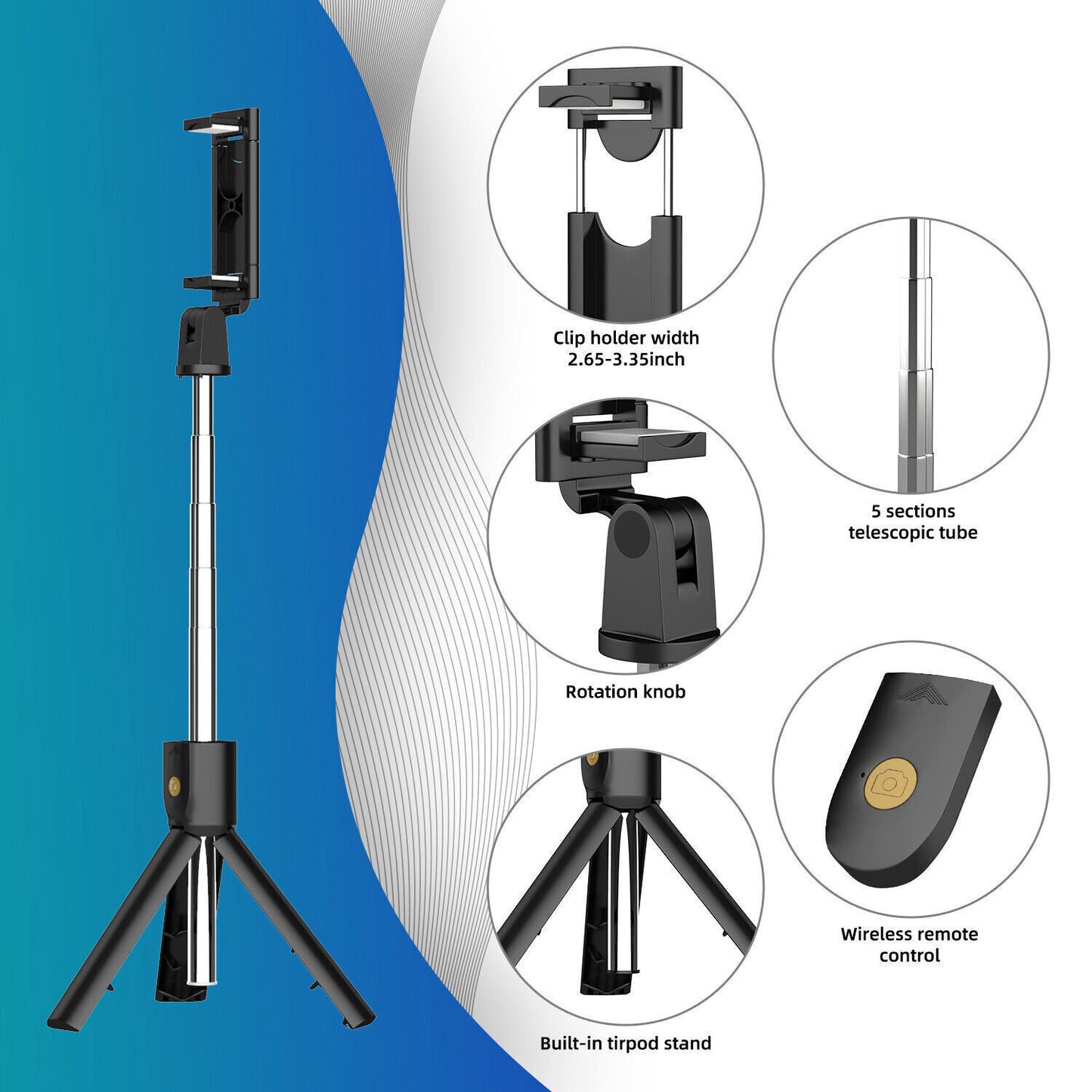 3-in-1 Universal Selfie Sick Tripod Stand For Cell Phone With Bluetooth Remote